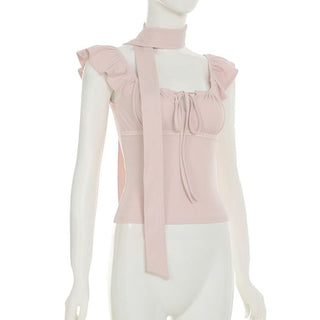 Square neck self tie ruched cap sleeve top