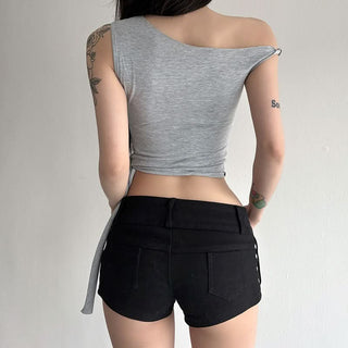 Off shoulder letter print knotted top