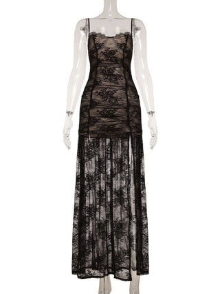 Lace ruched high slit cami maxi dress