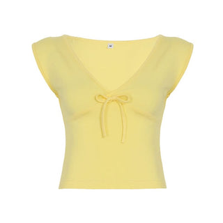 V neck bowknot cap sleeve top