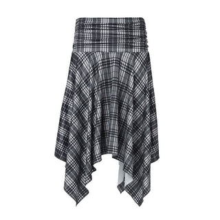 Plaid irregular ruched midi skirt