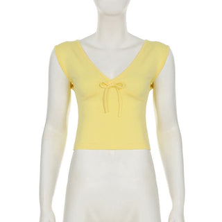 V neck bowknot cap sleeve top