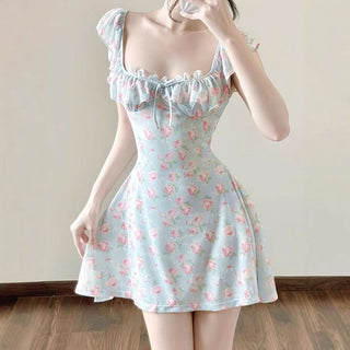 Square neck bowknot flower print ruffle mini dress
