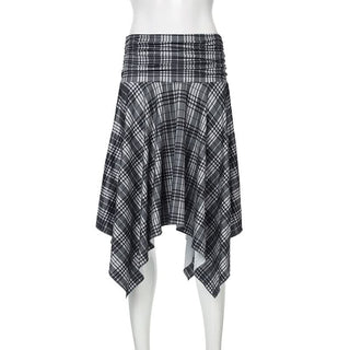 Plaid irregular ruched midi skirt