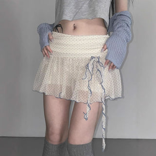 Polka dot ruffle self tie mini skirt