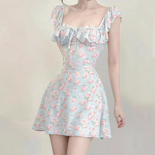 Square neck bowknot flower print ruffle mini dress