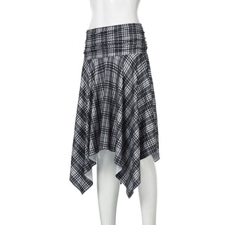 Plaid irregular ruched midi skirt