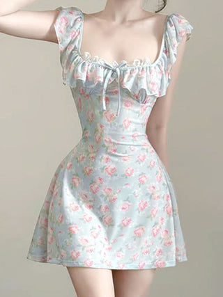 Square neck bowknot flower print ruffle mini dress