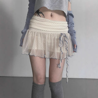 Polka dot ruffle self tie mini skirt