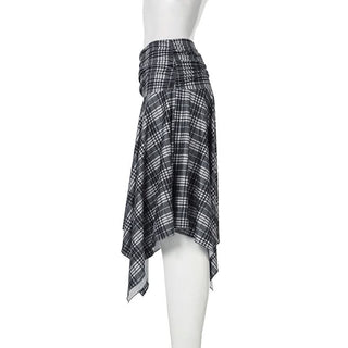 Plaid irregular ruched midi skirt