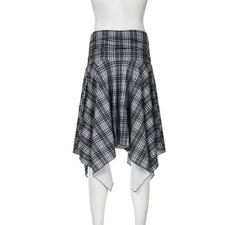 Plaid irregular ruched midi skirt