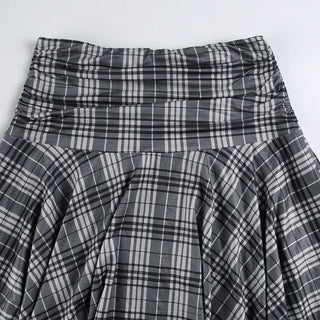 Plaid irregular ruched midi skirt