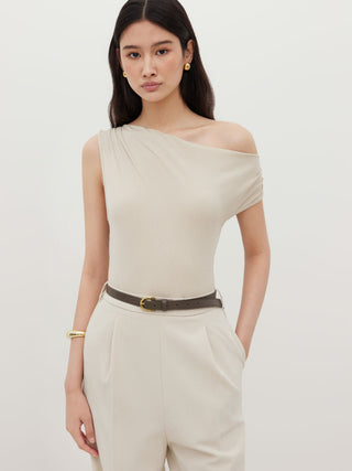 Asymmetrical Neck Ruched Jumpsuit With Belt