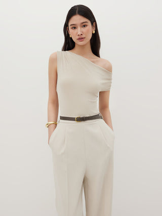 Asymmetrical Neck Ruched Jumpsuit With Belt