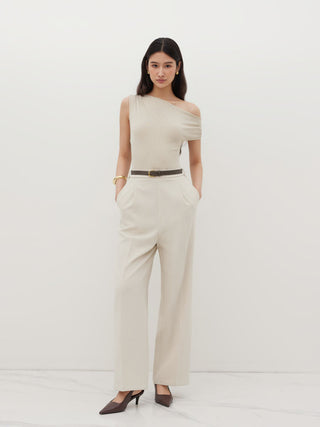 Asymmetrical Neck Ruched Jumpsuit With Belt