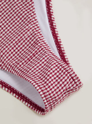 V-neck Gingham Bowknot Lettuce Trim Tankini Bikini Set