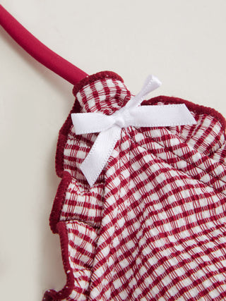 V-neck Gingham Bowknot Lettuce Trim Tankini Bikini Set