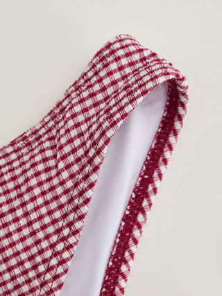 V-neck Gingham Bowknot Lettuce Trim Tankini Bikini Set