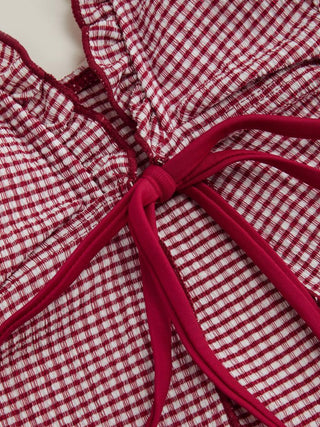 V-neck Gingham Bowknot Lettuce Trim Tankini Bikini Set