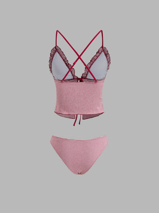V-neck Gingham Bowknot Lettuce Trim Tankini Bikini Set