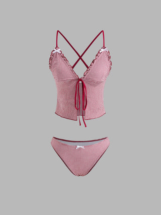 V-neck Gingham Bowknot Lettuce Trim Tankini Bikini Set