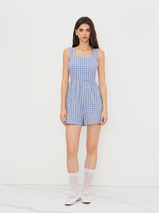 Cotton-blend Square Neck Gingham Bowknot Romper