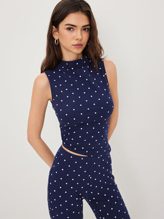 Cotton-blend High Neck Polka Dot Asymmetrical Hem Top & Mid Rise Capri Pants Set