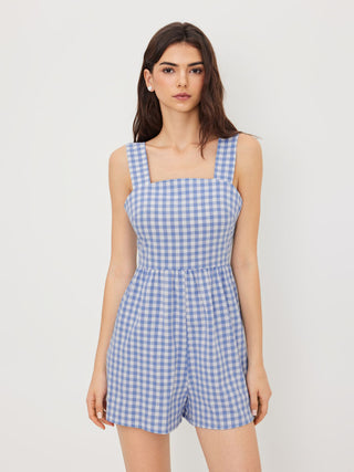 Cotton-blend Square Neck Gingham Bowknot Romper