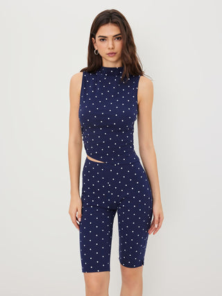 Cotton-blend High Neck Polka Dot Asymmetrical Hem Top & Mid Rise Capri Pants Set