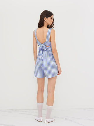 Cotton-blend Square Neck Gingham Bowknot Romper
