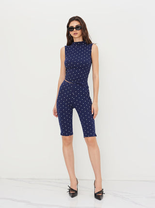 Cotton-blend High Neck Polka Dot Asymmetrical Hem Top & Mid Rise Capri Pants Set