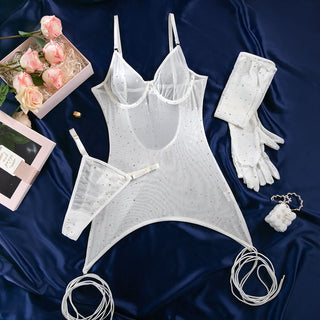 Beaded gloves self tie cami mini dress