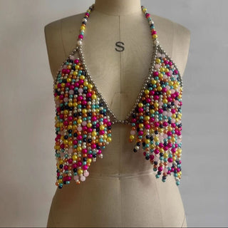 V neck halter contrast beaded backless crop top