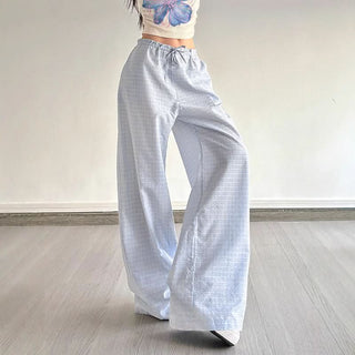 Plaid self tie embroidery self tie wide leg pant