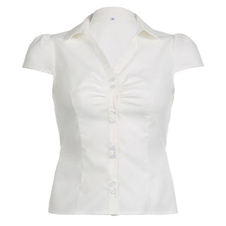 Turnover collar short sleeve ruched button pocket top