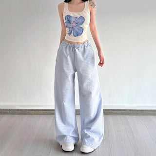 Plaid self tie embroidery self tie wide leg pant