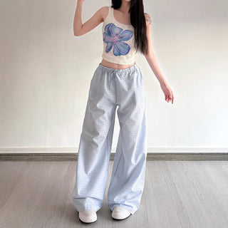 Plaid self tie embroidery self tie wide leg pant