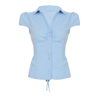 Turnover collar short sleeve ruched button pocket top