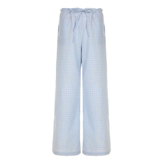 Plaid self tie embroidery self tie wide leg pant