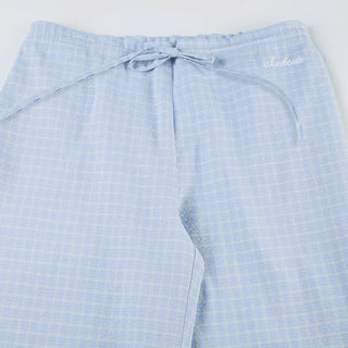 Plaid self tie embroidery self tie wide leg pant