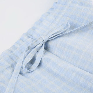 Plaid self tie embroidery self tie wide leg pant