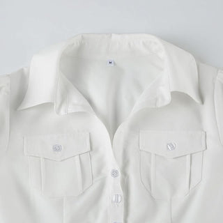 Turnover collar short sleeve ruched button pocket top