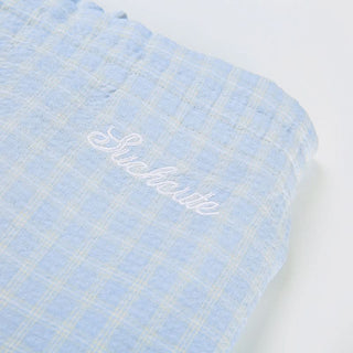 Plaid self tie embroidery self tie wide leg pant