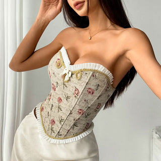 Sweetheart neck bowknot flower pattern lace up top