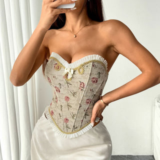 Sweetheart neck bowknot flower pattern lace up top