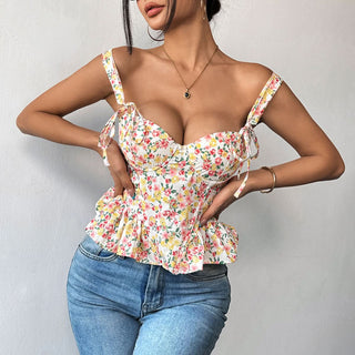 Ruffle flower print lace up cami top