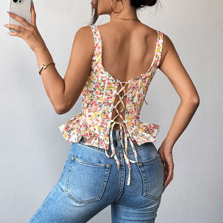 Ruffle flower print lace up cami top