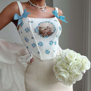 Flower print corset bowknot lace up cami top
