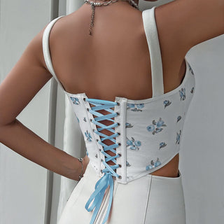 Flower print corset bowknot lace up cami top