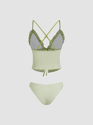 V-neck Gingham Bowknot Lettuce Trim Tankini Bikini Set